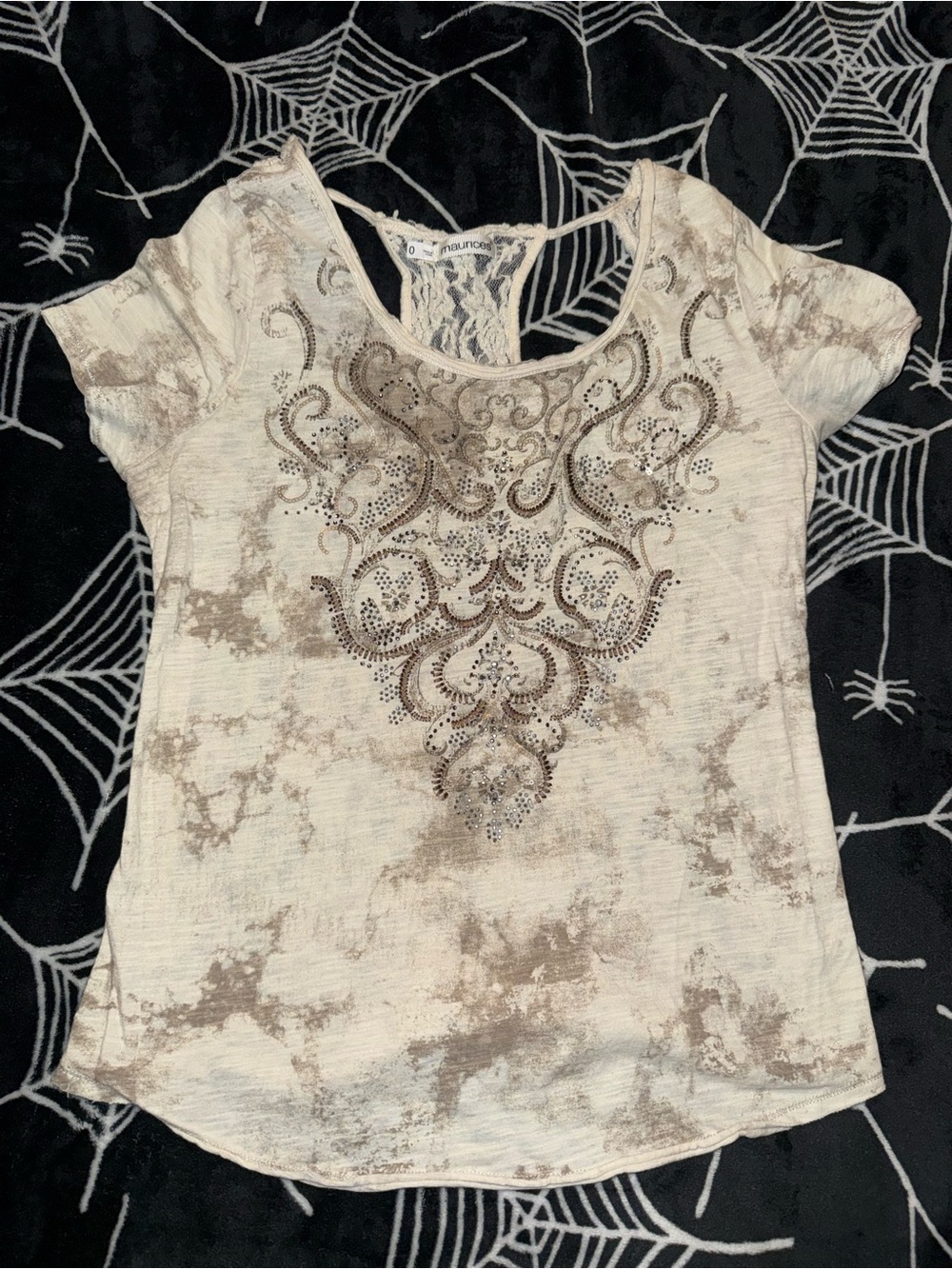 maurices y2k lace back, she is see through lol and rhinestones